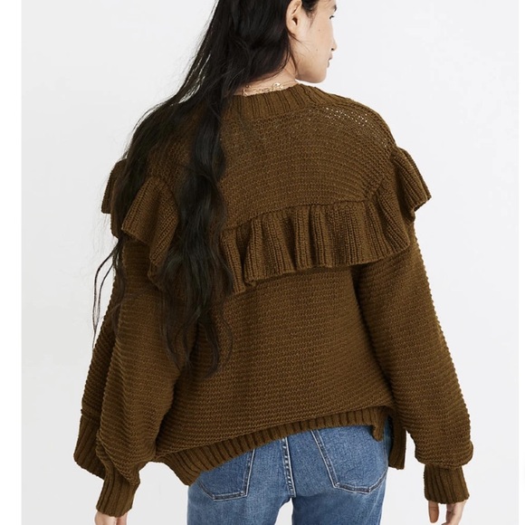 MADEWELL Olive Green Texture Open Front Ruffle Cardigan Sweater MA699 Small - Picture 2 of 7